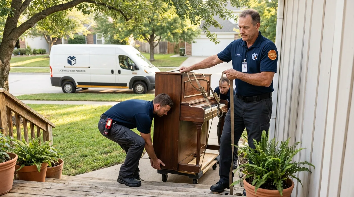 Licensed piano movers securing grand piano in Dexter, NM