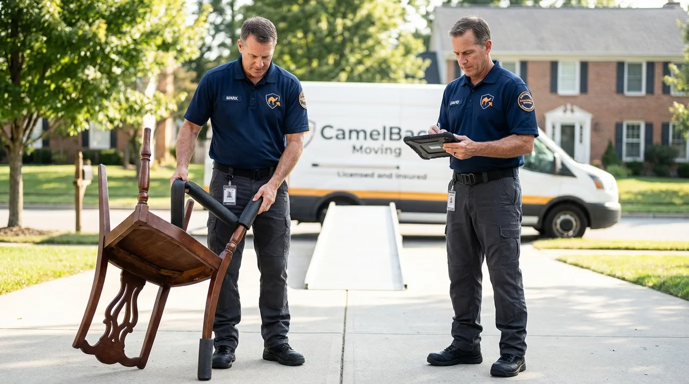 Movers inspecting furniture for damage prevention before loading in Dexter, NM