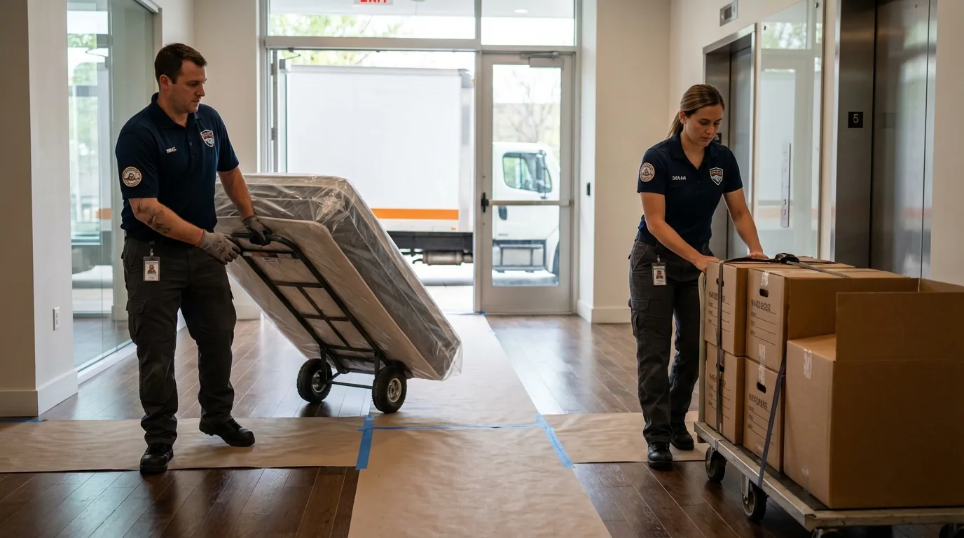 Professional apartment movers loading elevator in Dexter, NM